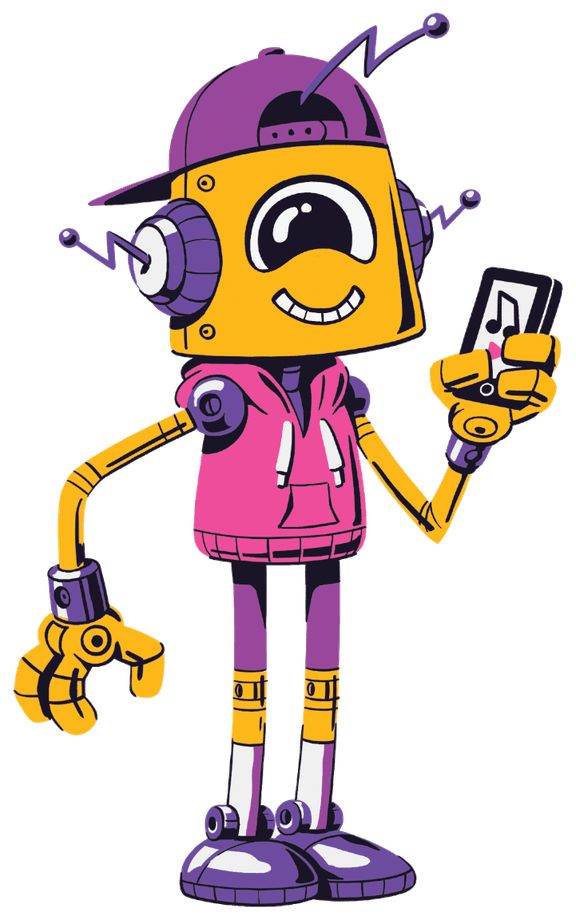 Junior, a one-eyed robot in a purple cap and pink hoodie holding a music player